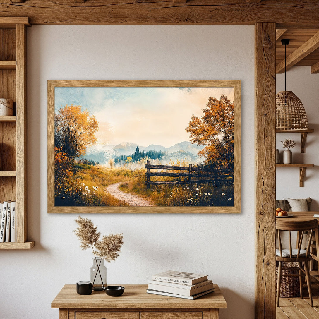 Framed Poster featuring a serene landscape painting in warm autumn tones. Perfect wall art for a cozy home.