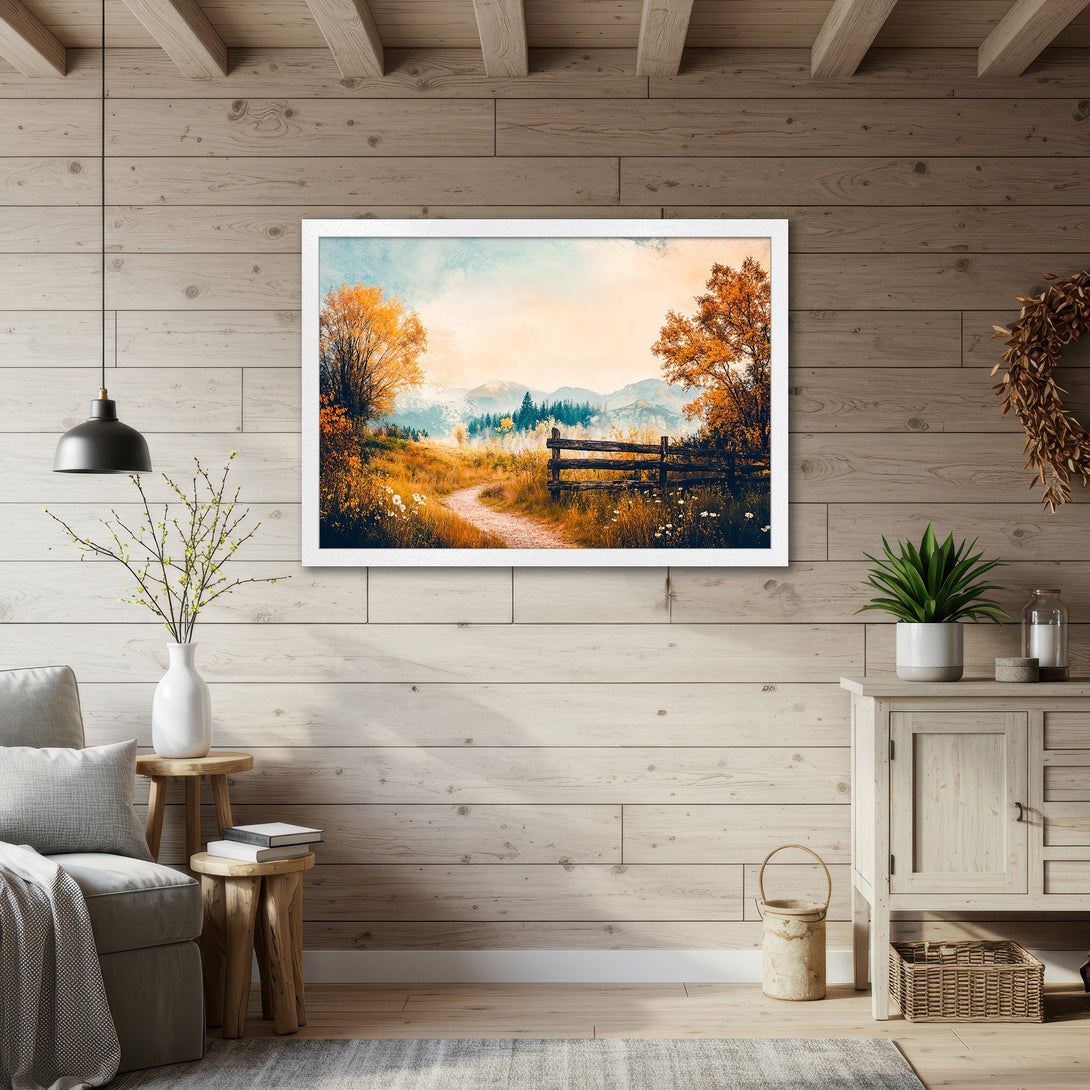 Framed Poster of a scenic landscape with warm autumn colors. Perfect wall art for a cozy home!