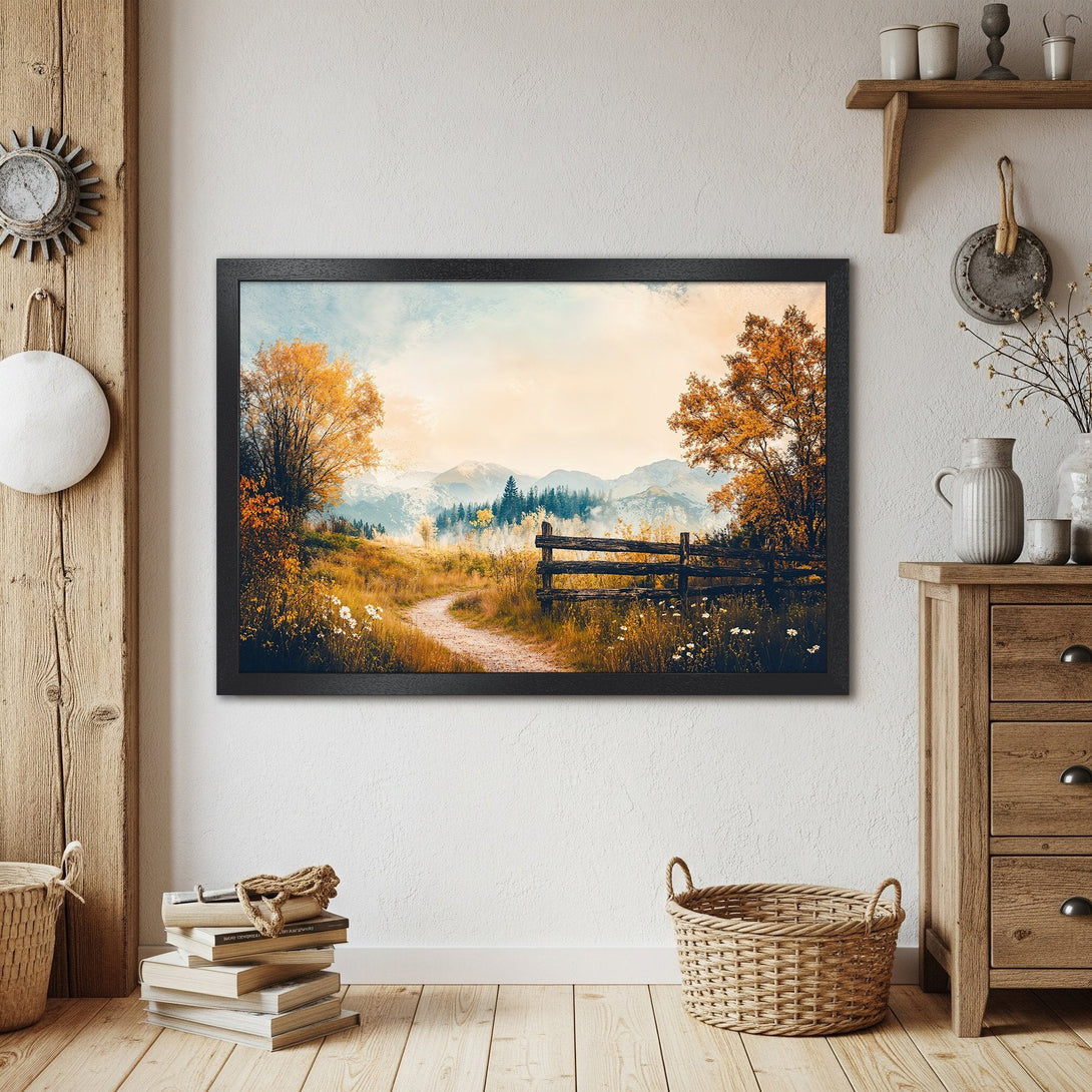 Framed Poster of a scenic landscape with a pathway, in warm autumn colors. Perfect for home decor!