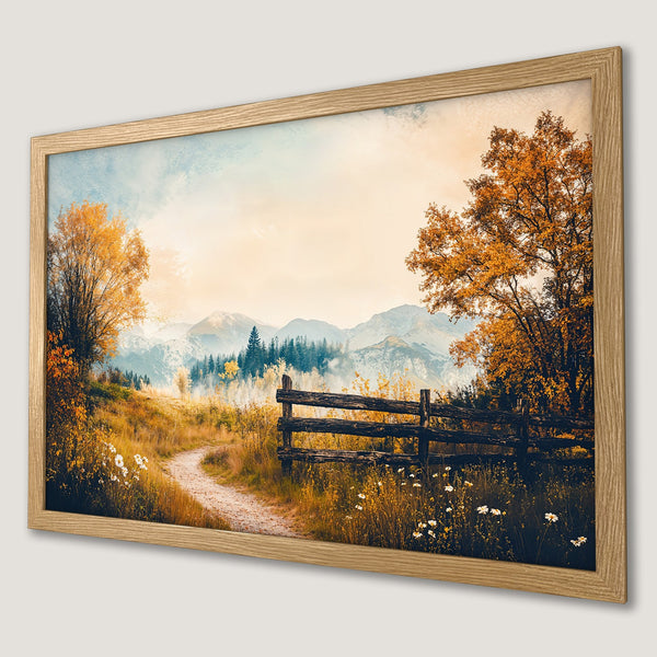 Framed Poster of a serene autumn landscape with golden trees and mountains. Warm color palette, perfect wall art.