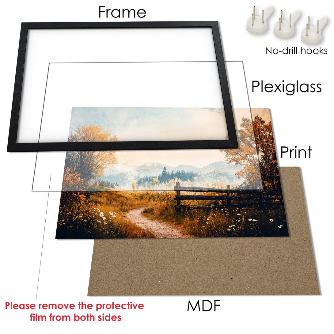 Framed Poster of a scenic landscape with a warm color palette. Perfect wall art for any room.