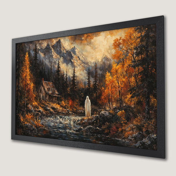 Framed Poster featuring a serene landscape painting with autumn colors and a cabin. Perfect wall art!