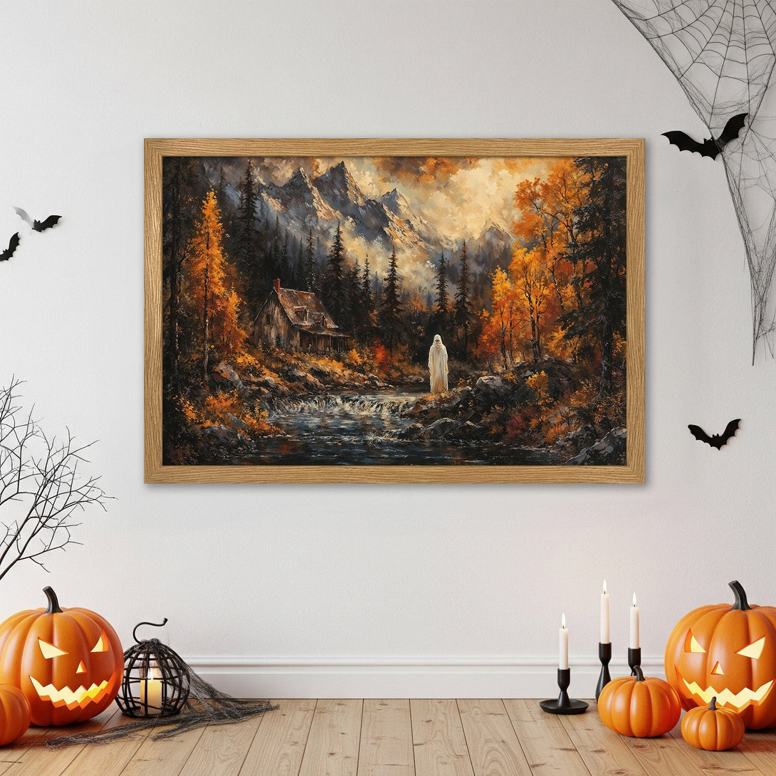 Framed Poster featuring a mountain landscape painting in warm autumn colors. Perfect for Halloween decor!