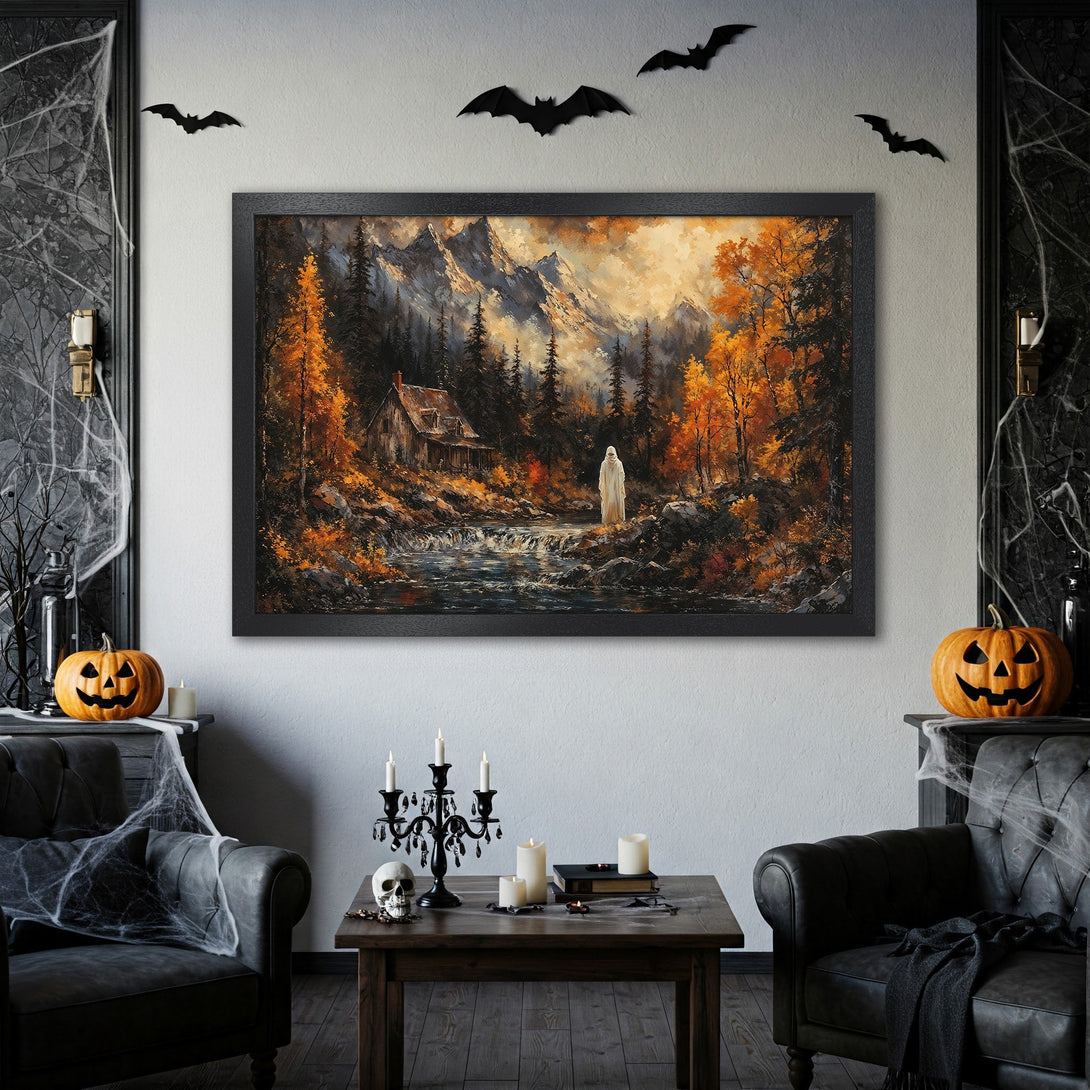 Framed Poster of a spooky landscape painting with autumn colors. Perfect Halloween decor!