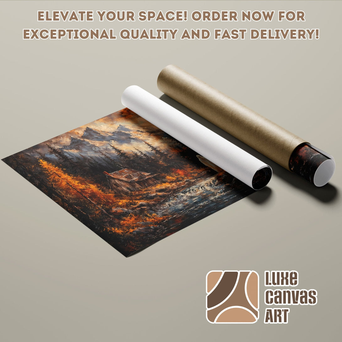 Poster Roll of mountain landscape art in warm, autumnal tones. Perfect wall decor!
