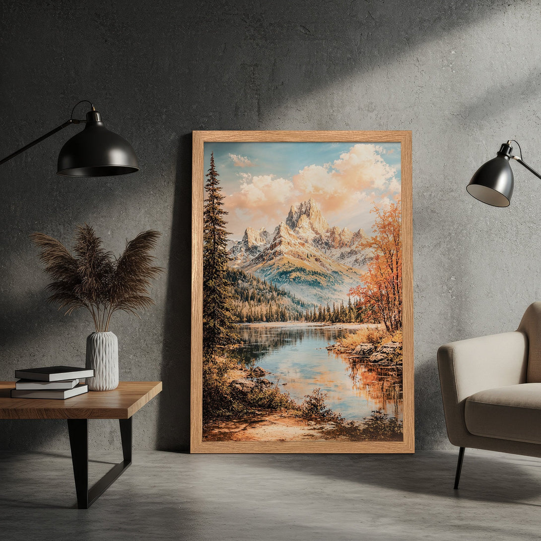 Framed Poster of a serene mountain lake scene in warm tones. Perfect wall art for a cozy living space.