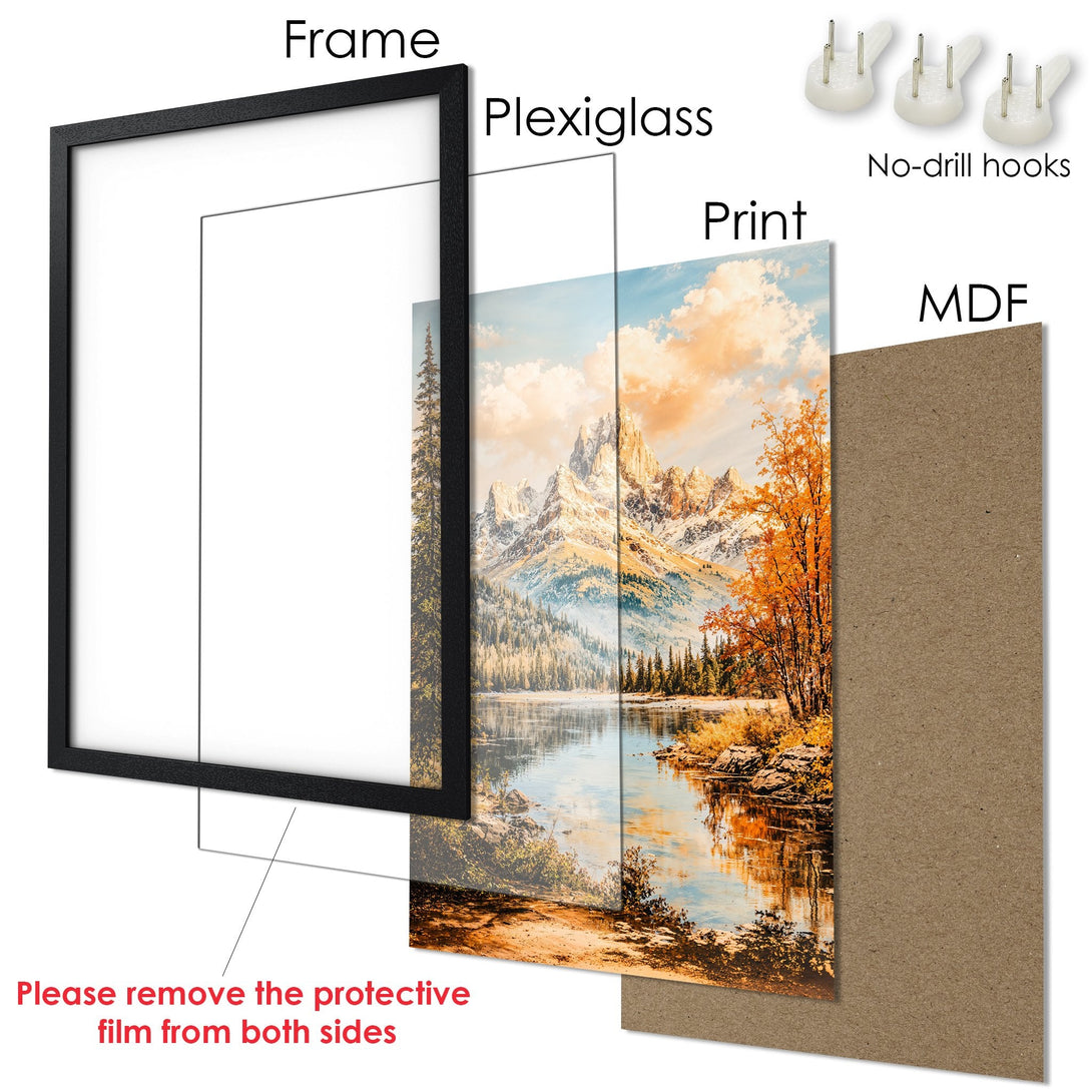 Framed Poster featuring a serene mountain landscape in warm, autumnal tones. Perfect wall art for any home!