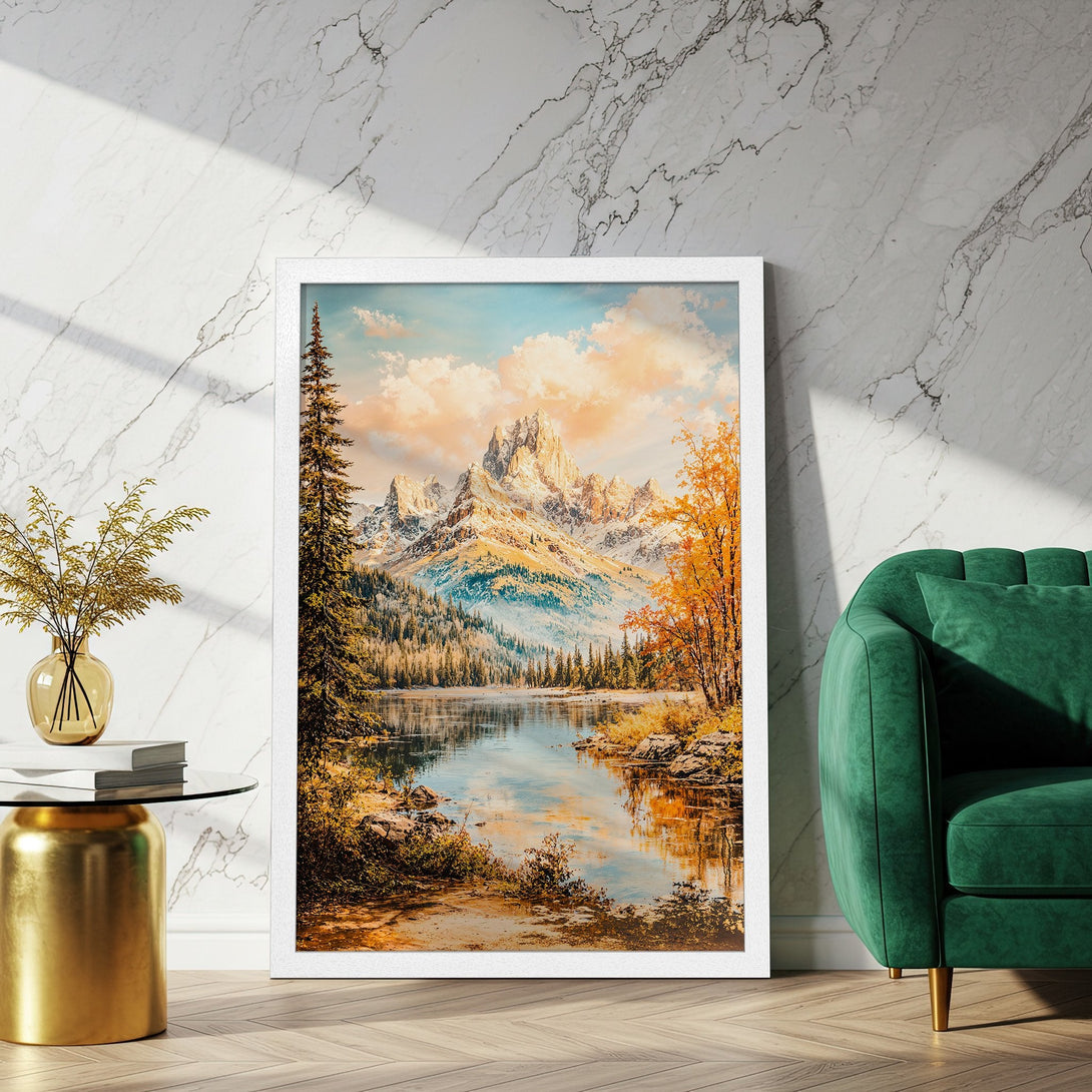 Framed Poster featuring a stunning mountain landscape in warm, autumnal colors. Perfect art for adding a touch of nature to your home.