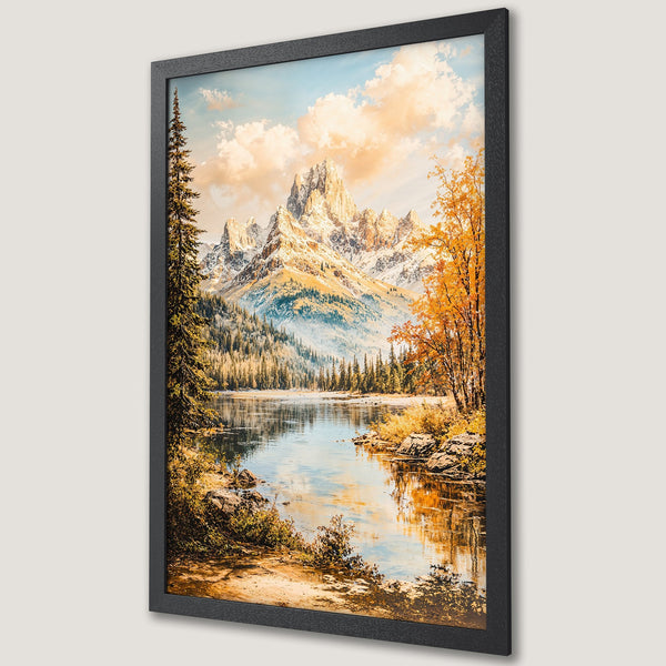 Framed Poster of a serene mountain lake landscape with warm autumn colors and a painterly style.