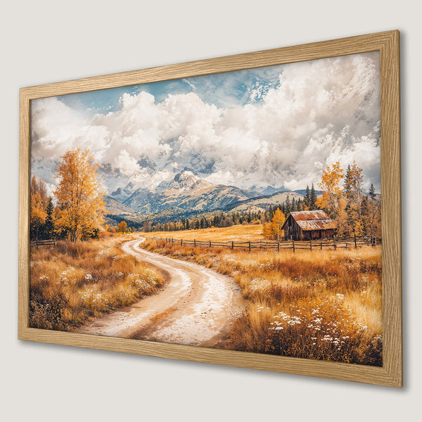 Framed Poster of a scenic autumn landscape with warm colors and a rustic style. Perfect wall art!
