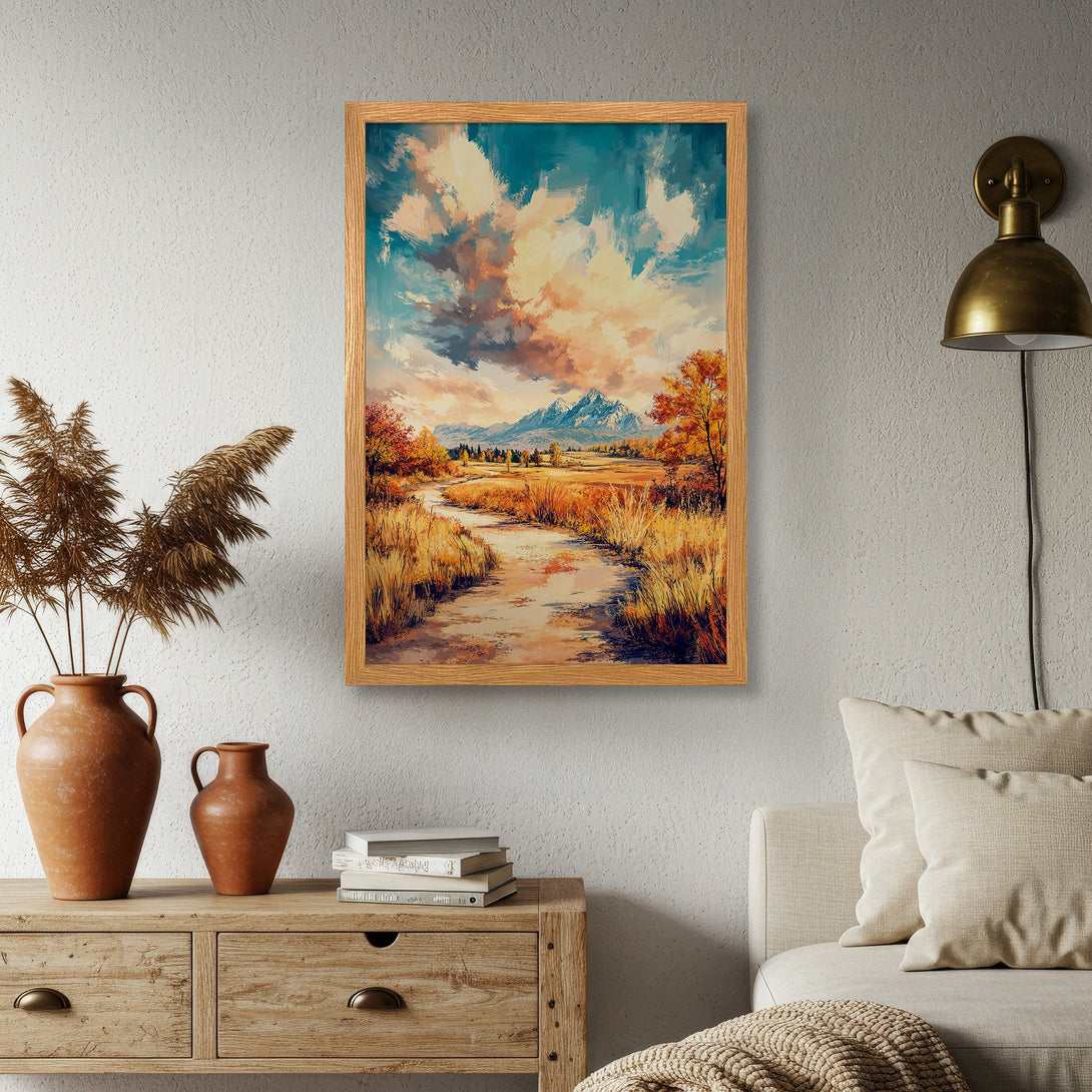 Framed Poster of a landscape painting with a warm color palette. Bring nature's beauty into your home with this stunning art print.