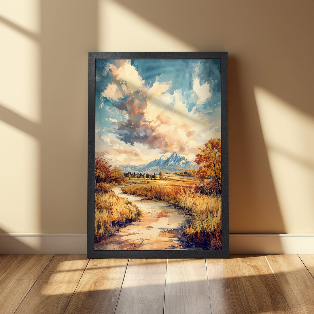 Framed Poster: Landscape art print with mountains, river, and warm color palette. Perfect wall decor for your home.