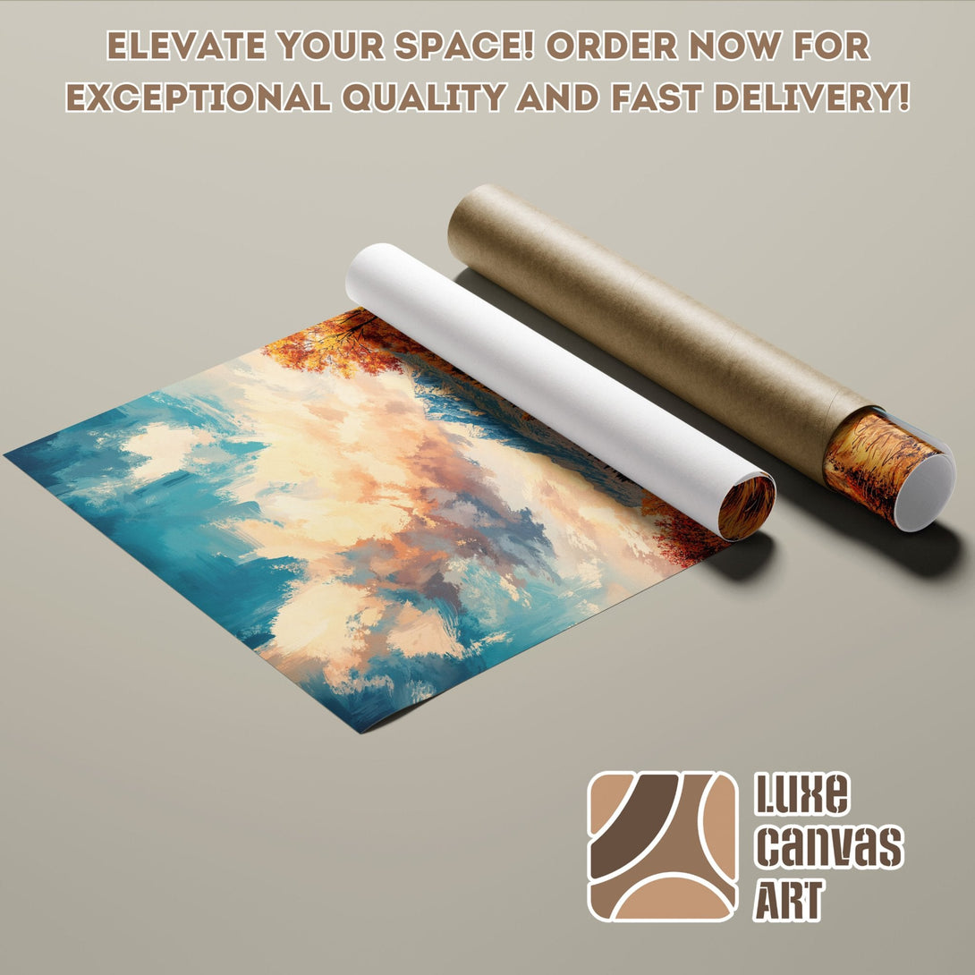 Abstract landscape art Poster Roll in blue, orange, and beige tones. Elevate your space!
