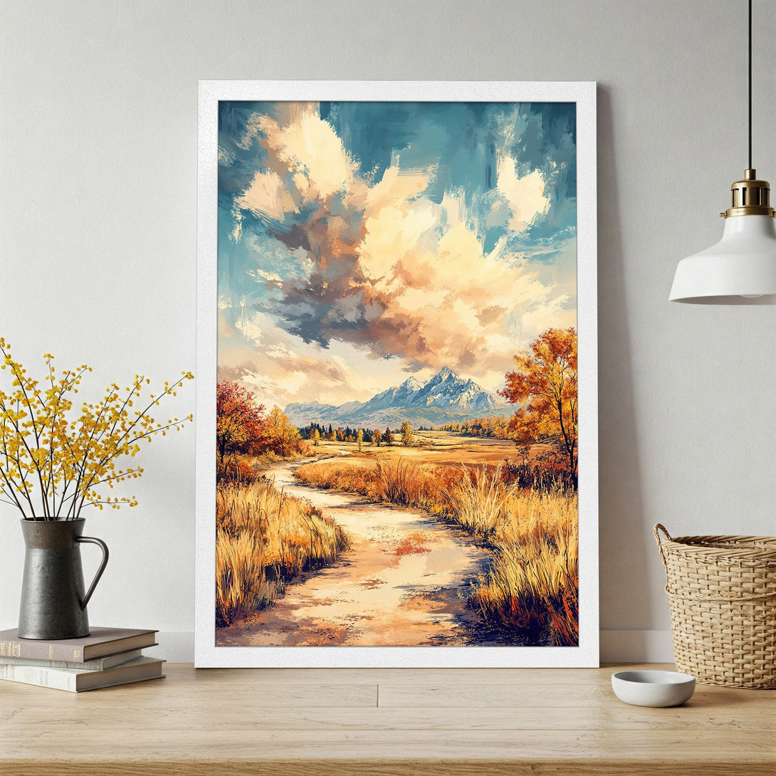 Framed Poster of a landscape painting in impressionist style with a warm color palette featuring a path, mountains, and sky.