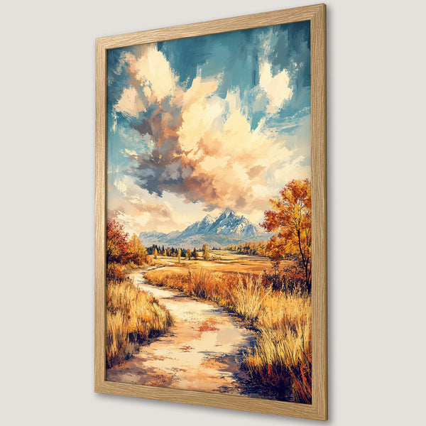 Framed Poster of a scenic landscape painting with mountains, path, and warm color palette. Perfect wall art for your home.
