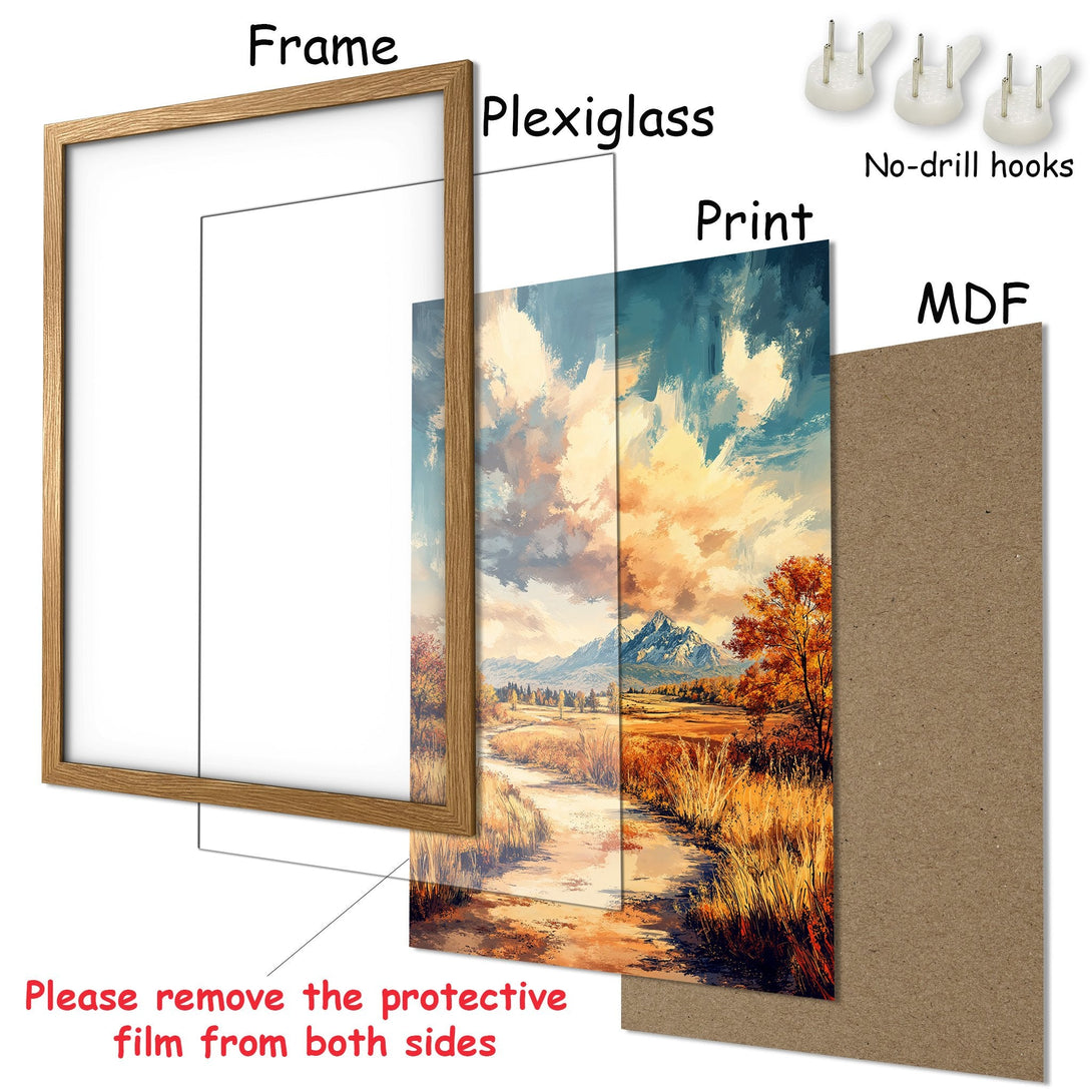 Framed Poster of a landscape painting in warm tones. Features a beautiful scenic view with a natural color palette.