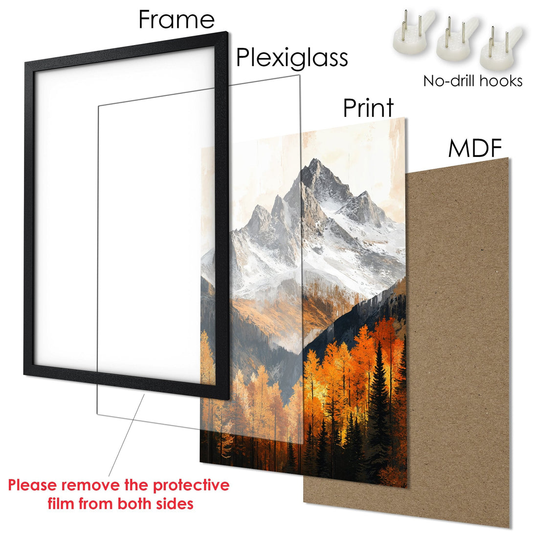 Framed Poster: Mountain landscape art print with warm autumn colors. Perfect wall decor for your home.