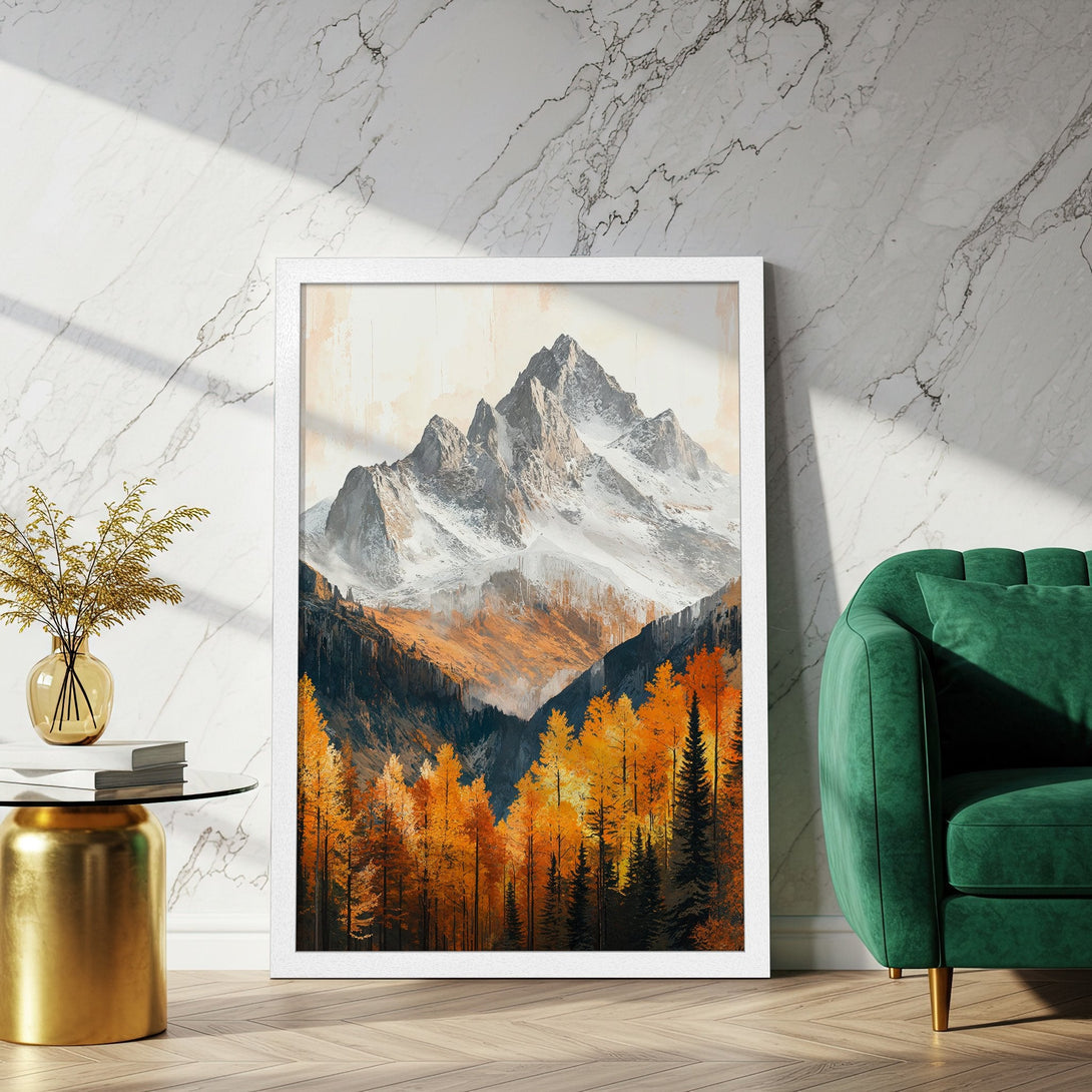 Framed Poster of a majestic mountain landscape in watercolor style with warm orange and cool gray tones. Perfect wall art!