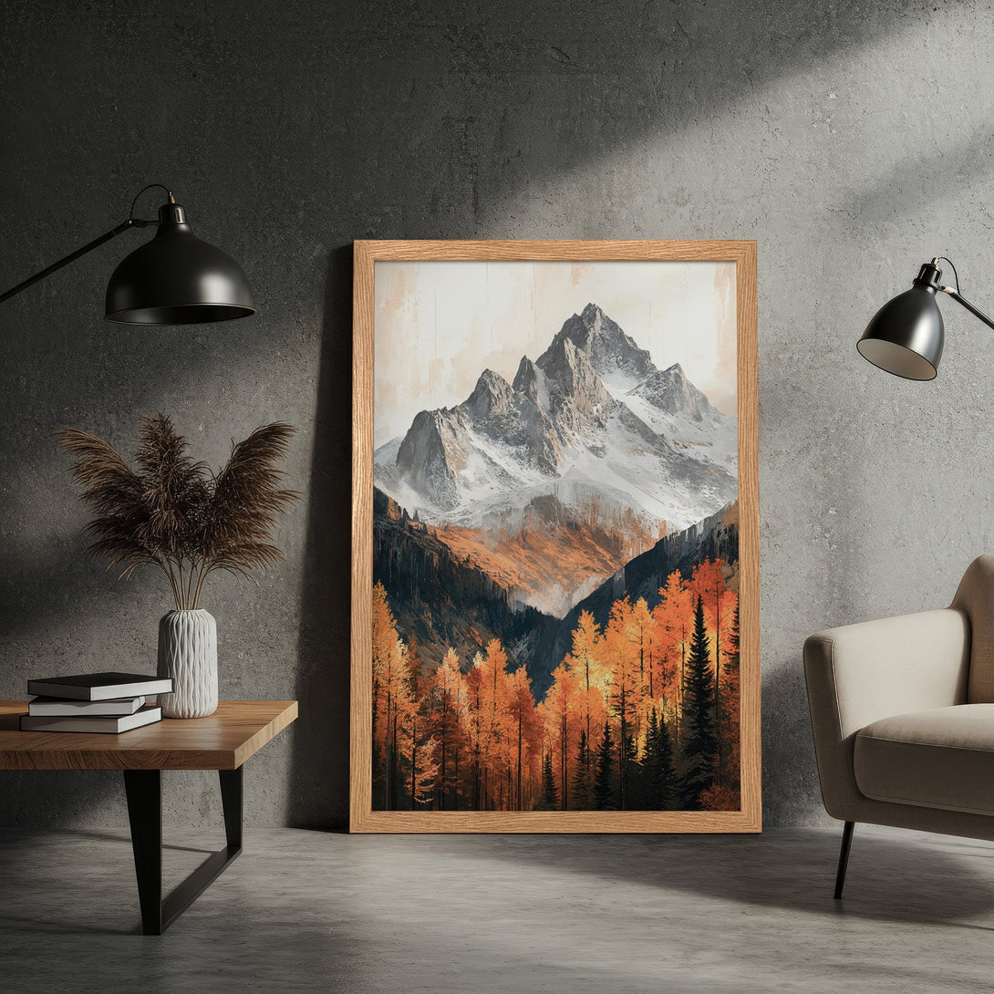 Framed Poster of a mountain landscape in an artistic style with a warm orange and gray color palette. Perfect wall art!