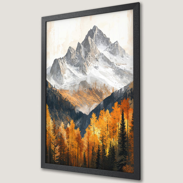 Framed Poster: Mountain landscape art print with autumn trees. Features a warm color palette of orange, grey, and white. Perfect wall decor.