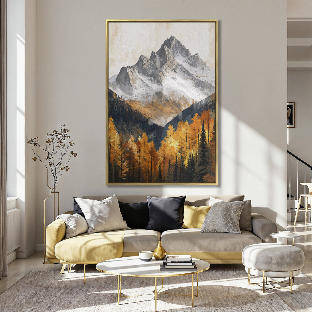 Canvas Print of a mountain landscape in warm autumn colors. Adds a touch of nature to any space. Perfect for home decor!