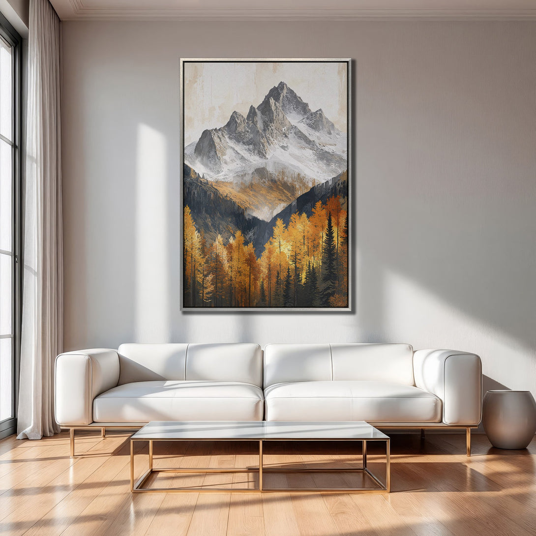 Framed Wall Art: Mountain landscape canvas print in warm gold and gray tones. Modern art for living room decor.