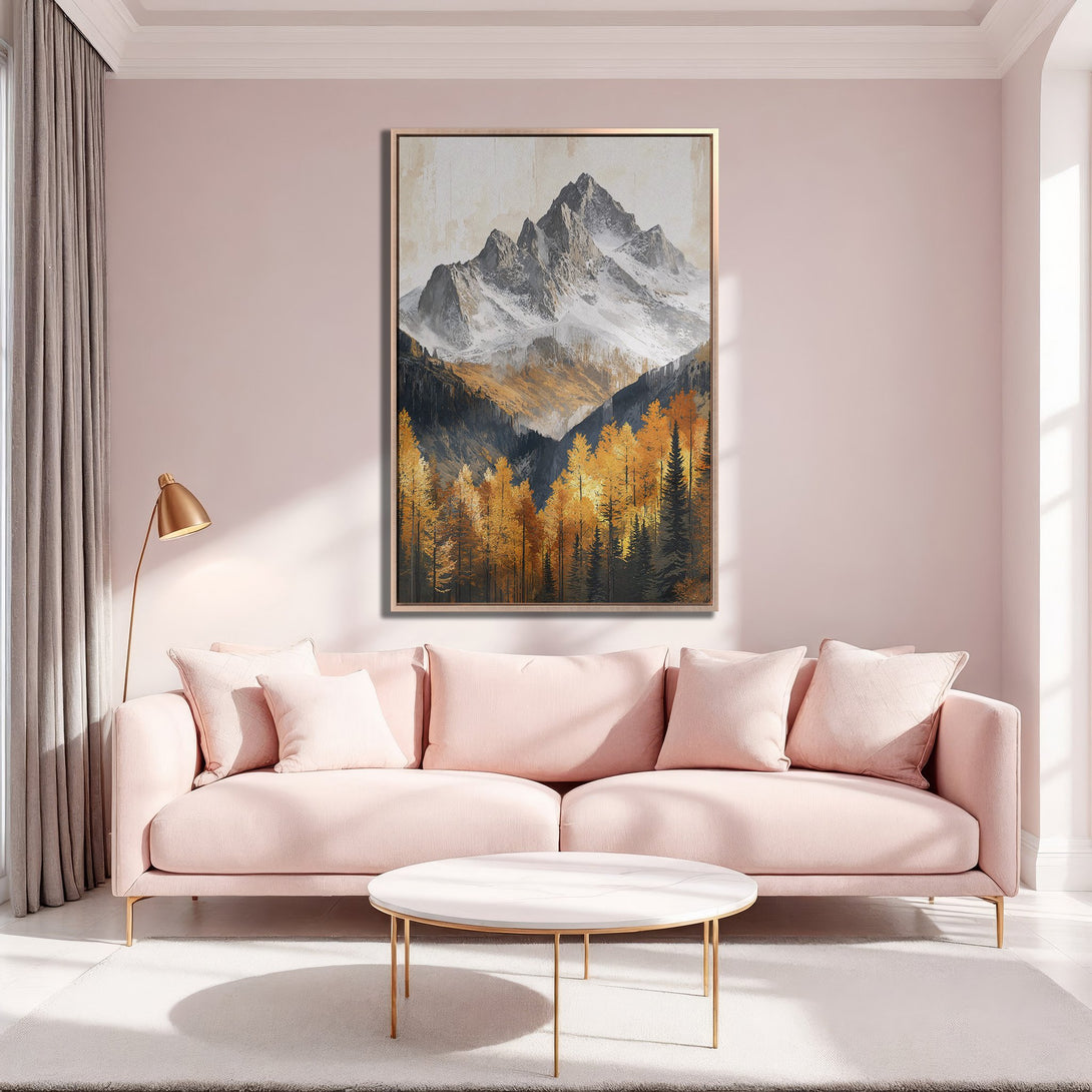 Framed Wall Art: Mountain landscape Canvas Print in gold, gray, & orange tones. Perfect for adding a touch of nature to your living room decor.