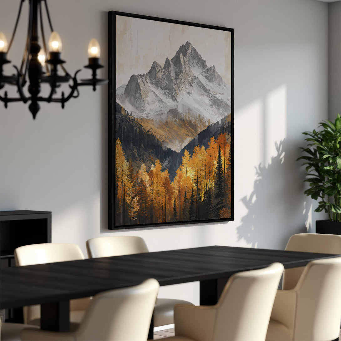 Framed Wall Art: Mountain landscape canvas print with warm autumn colors. Perfect for dining room decor. Shop now for stunning wall art!