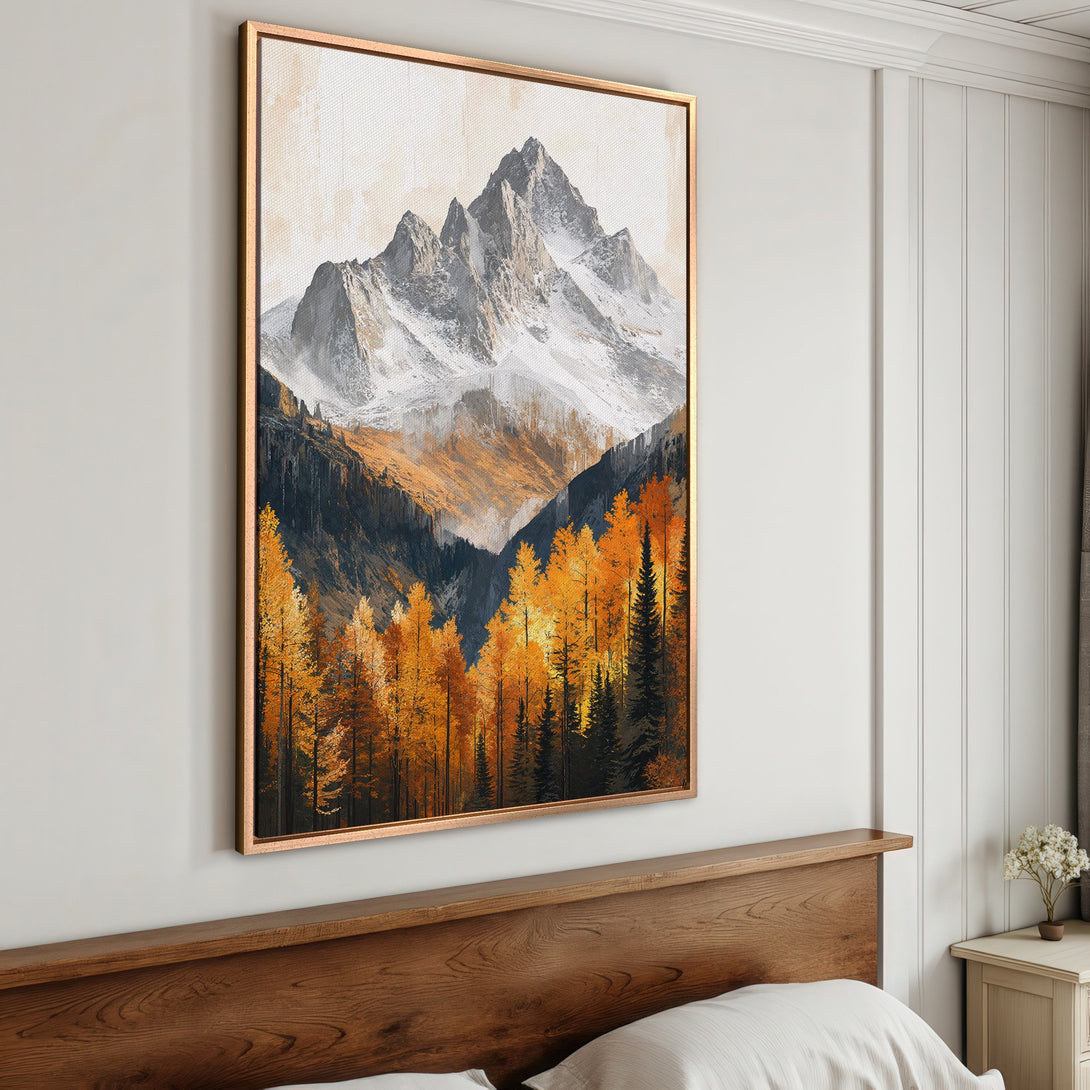 Framed Wall Art: Mountain landscape canvas print with autumn colors. Stunning artwork featuring a mountain range with a warm, gold and black palette. Perfect for any home.