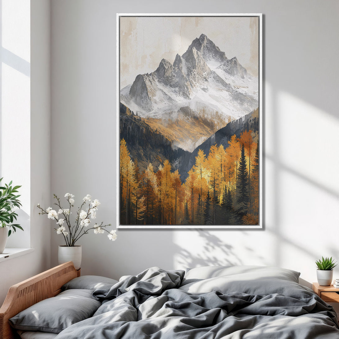 Framed Wall Art: Mountain landscape Canvas Print in warm tones. Featuring a stunning mountain range with autumn foliage, perfect for cozy bedroom decor.