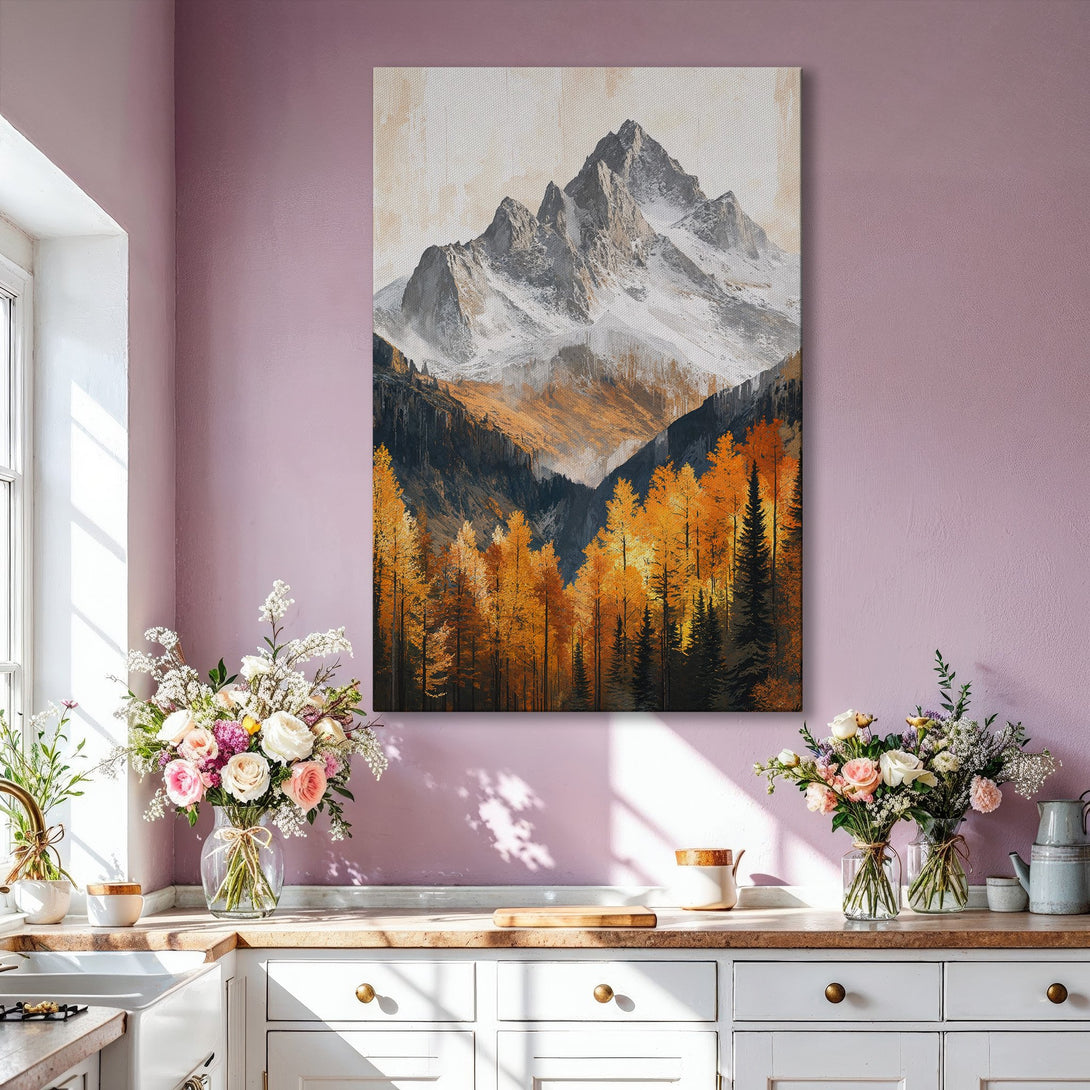 Framed Wall Art featuring a mountain landscape in a warm, autumnal color palette. Perfect for adding a touch of nature and style to your living space.