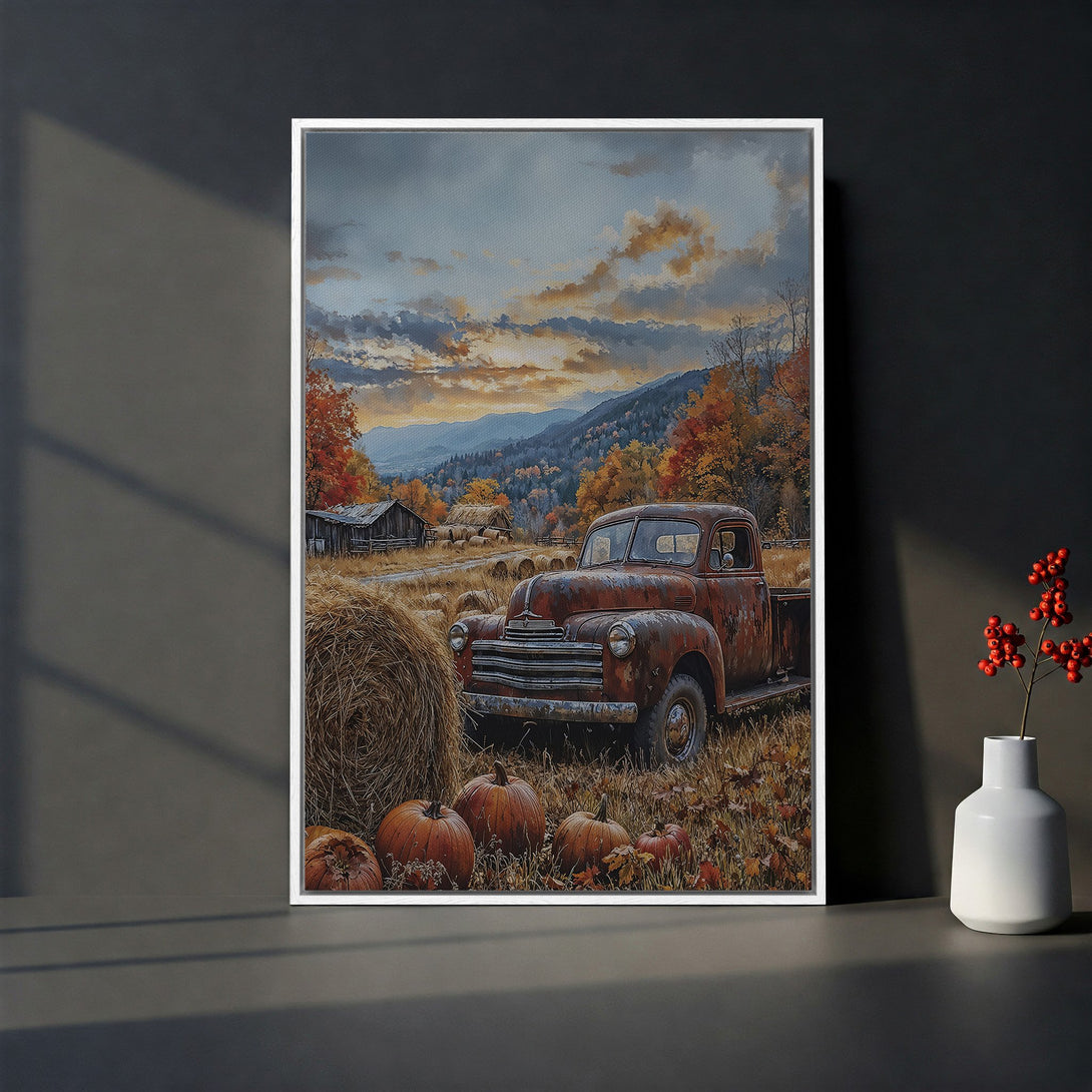 Framed Wall Art: Rustic autumn scene with vintage truck, pumpkins, and hay bales. Warm, earthy color palette. Perfect fall decor for your home.