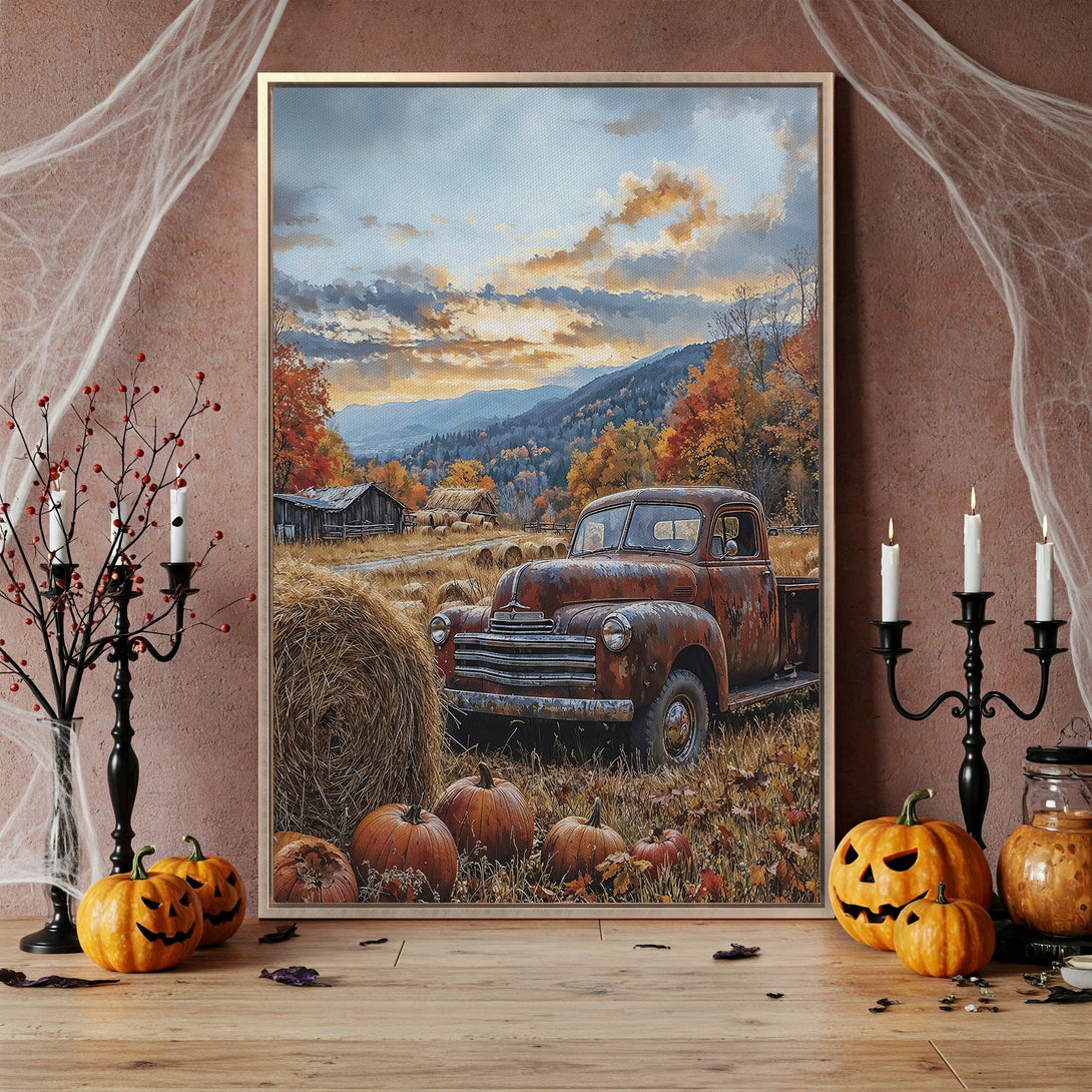 Framed Wall Art featuring a rustic truck in a fall landscape. Warm, autumnal color palette. Perfect for adding cozy vibes to your home decor.