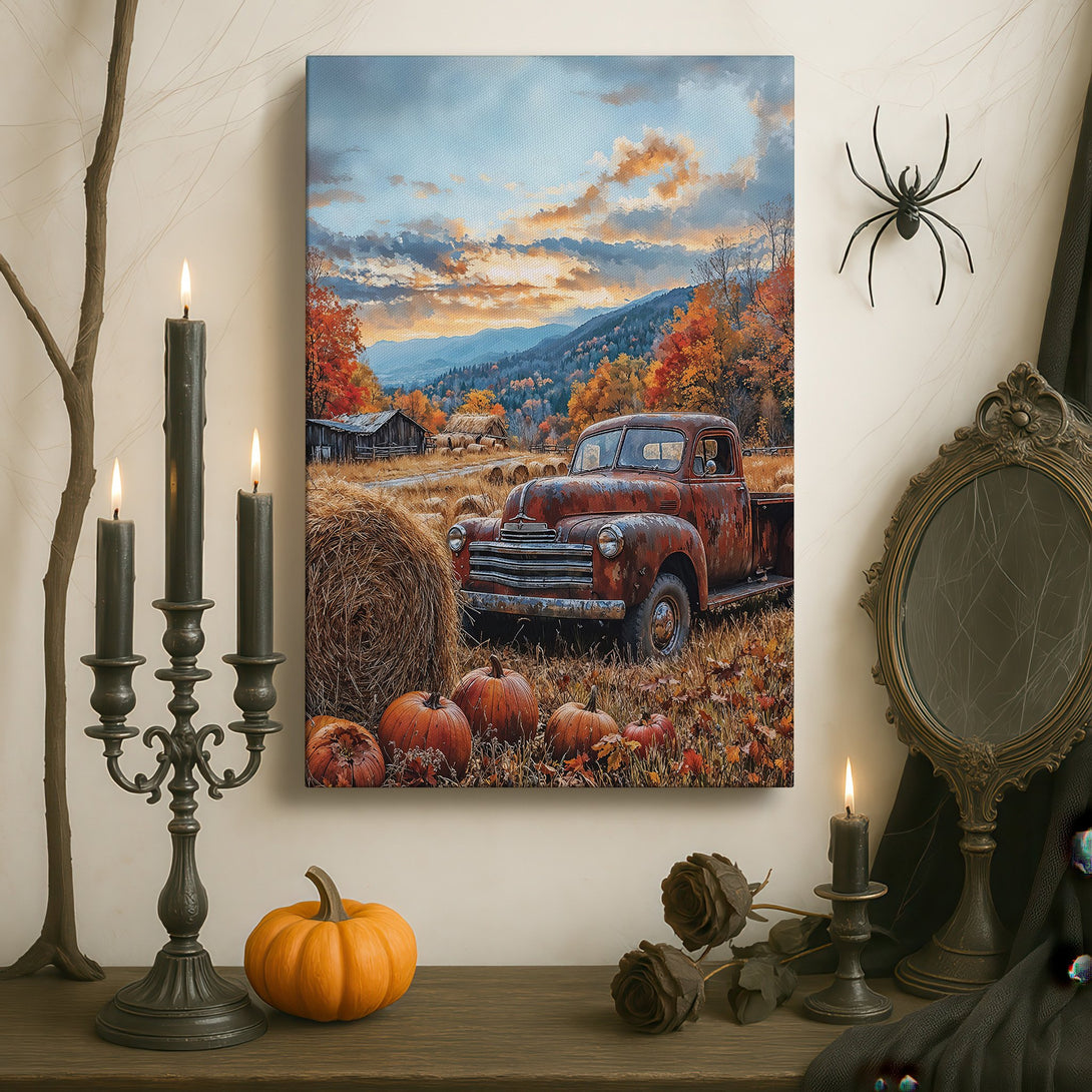 Framed Wall Art: Rustic autumn landscape with a vintage truck. Warm, inviting color palette of oranges, browns, and blues. Perfect for farmhouse decor.