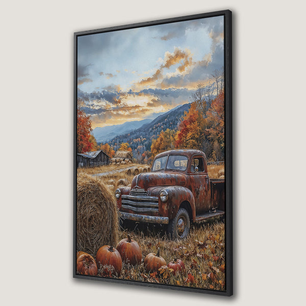Framed Wall Art: Rustic autumn scene with vintage truck, pumpkins, and hay bales. Warm, earthy color palette. Perfect fall decor for your home!