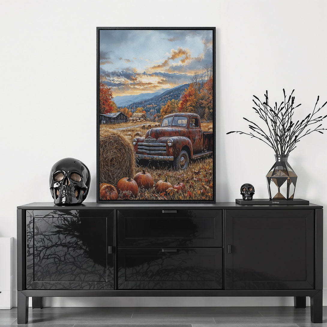 Framed Wall Art: Rustic autumn landscape Canvas Print with an old truck, warm color palette, and fall foliage. Perfect for farmhouse decor.