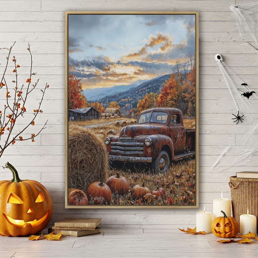 Framed Wall Art featuring a rustic autumn scene with a vintage truck, hay bales, and pumpkins. Warm, earthy tones create a cozy, inviting atmosphere.