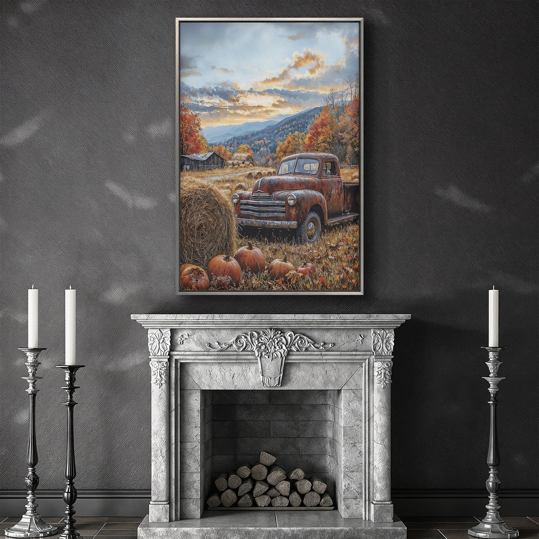 Framed Wall Art: Rustic autumn scene with vintage truck, pumpkins, and fall foliage. Warm, earthy tones. Perfect for adding cozy charm to your home.