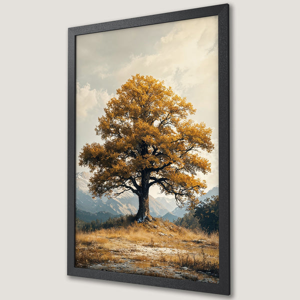 Framed Poster featuring a majestic tree in a warm, autumnal landscape. Earthy tones and a serene, natural style. Perfect wall art!
