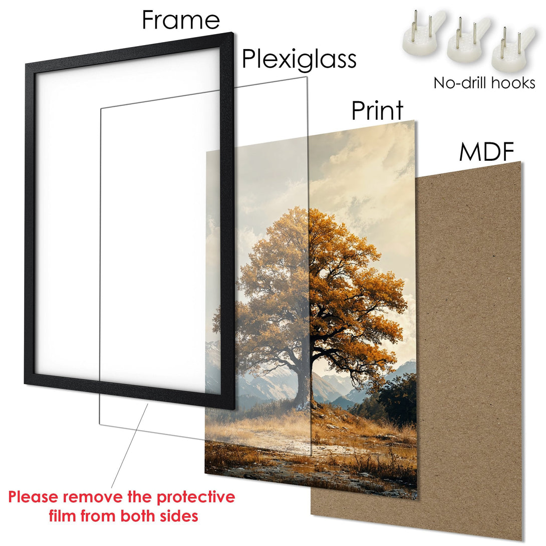 Framed Poster of a majestic tree in autumn colors. Earthy tones and natural landscape art. Ready to hang!
