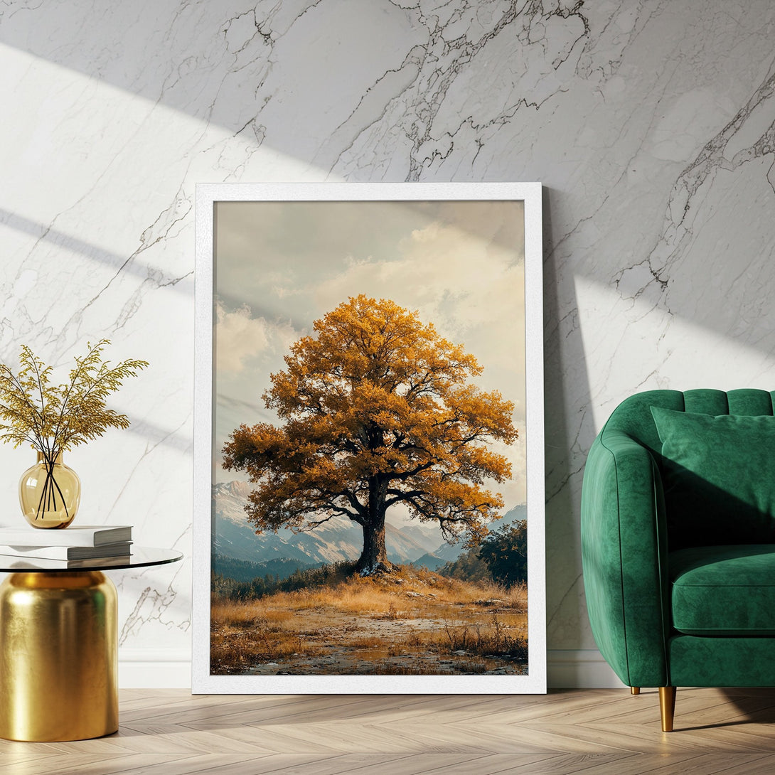 Framed Poster featuring a majestic tree in a landscape. Warm, autumnal color palette. Perfect wall art for any room.