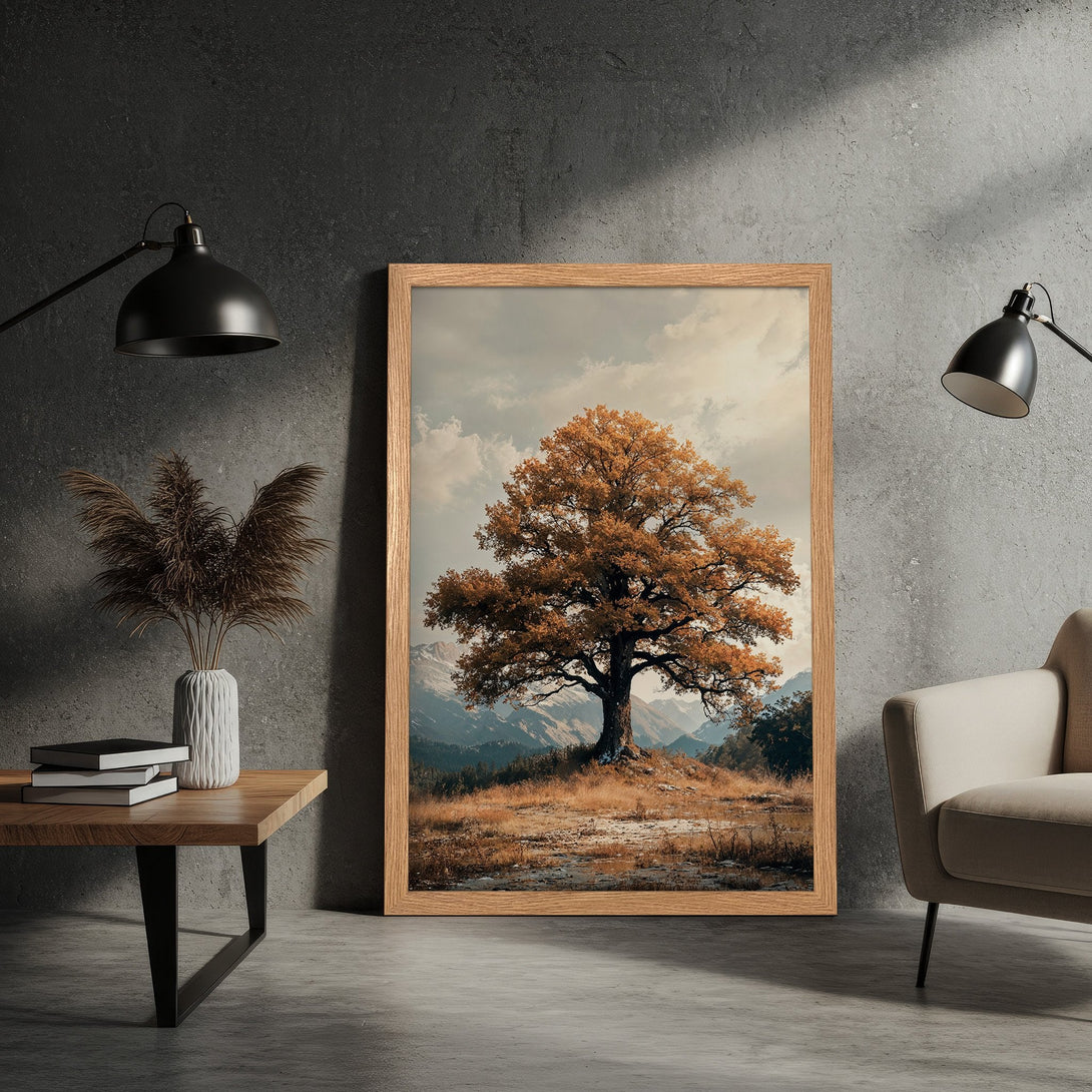 Framed Poster featuring a majestic tree in a warm, earthy color palette. Rustic landscape art perfect for home decor.