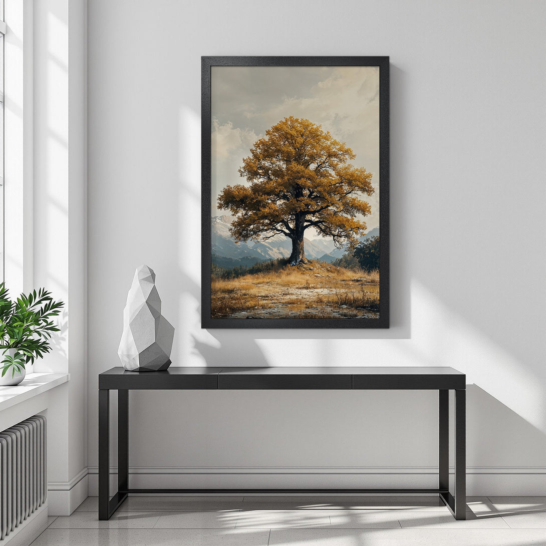 Framed Poster featuring a majestic tree in a warm, earthy color palette. Perfect for adding a touch of nature-inspired art to your home.