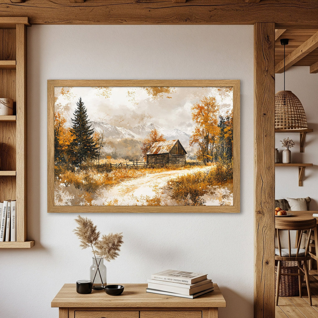 Framed Poster of a rustic cabin scene in warm autumn tones. Perfect wall art for a cozy home.