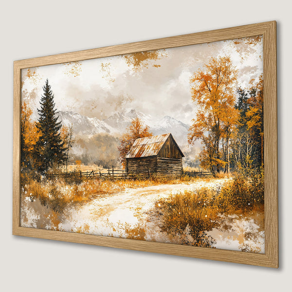 Framed Poster of a rustic landscape painting in warm autumn colors. Featuring a barn, mountains, and trees. Perfect wall art!