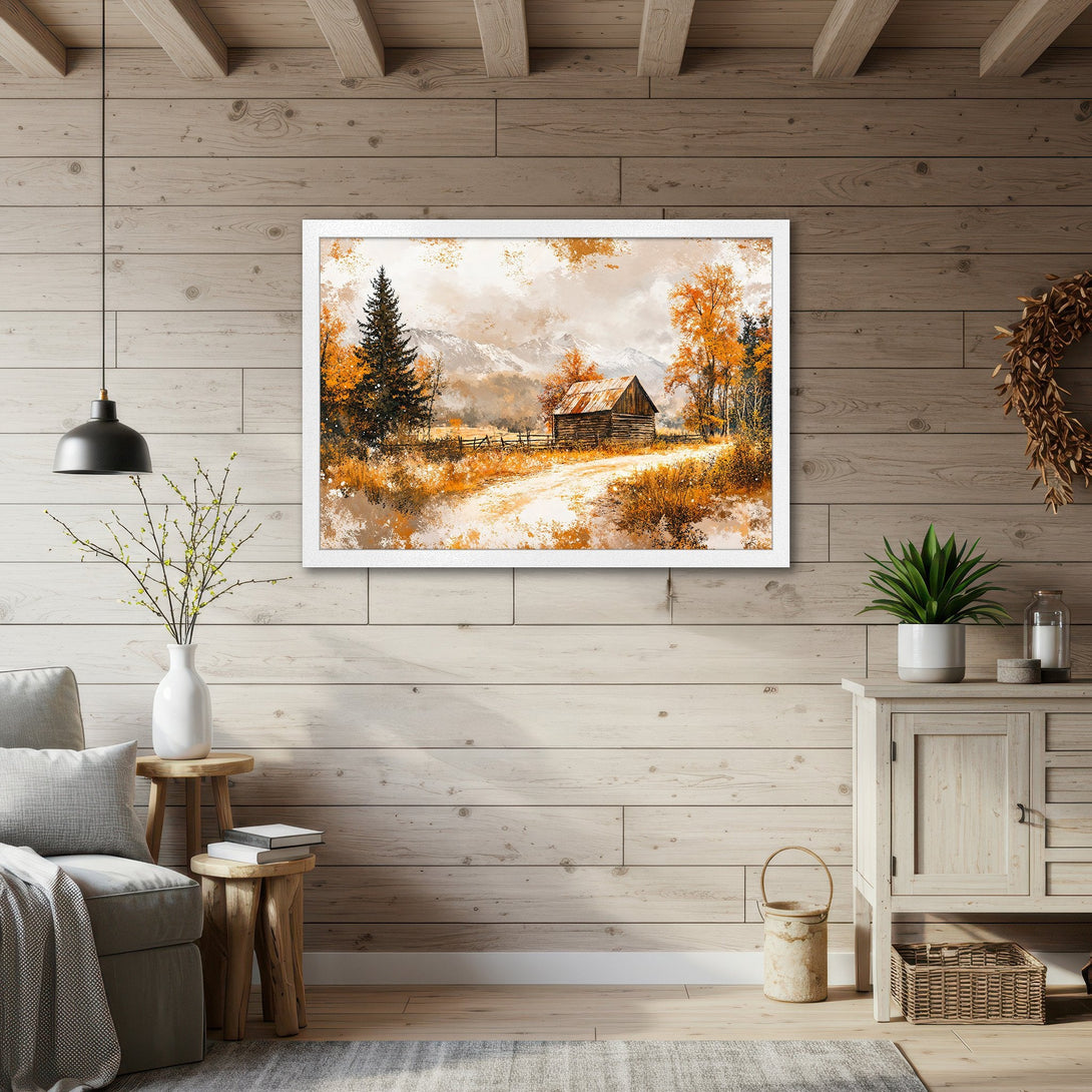 Framed Poster featuring a rustic cabin scene in an impressionistic style with warm orange and brown tones, perfect for cozy decor.