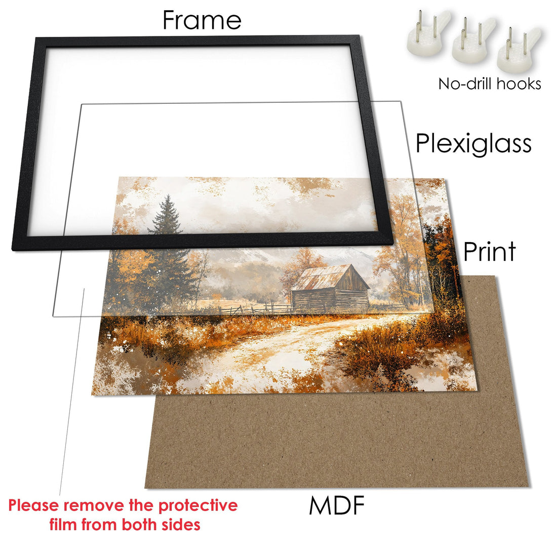 Framed Poster of a rustic landscape in warm earth tones. Perfect wall art for a cozy home.