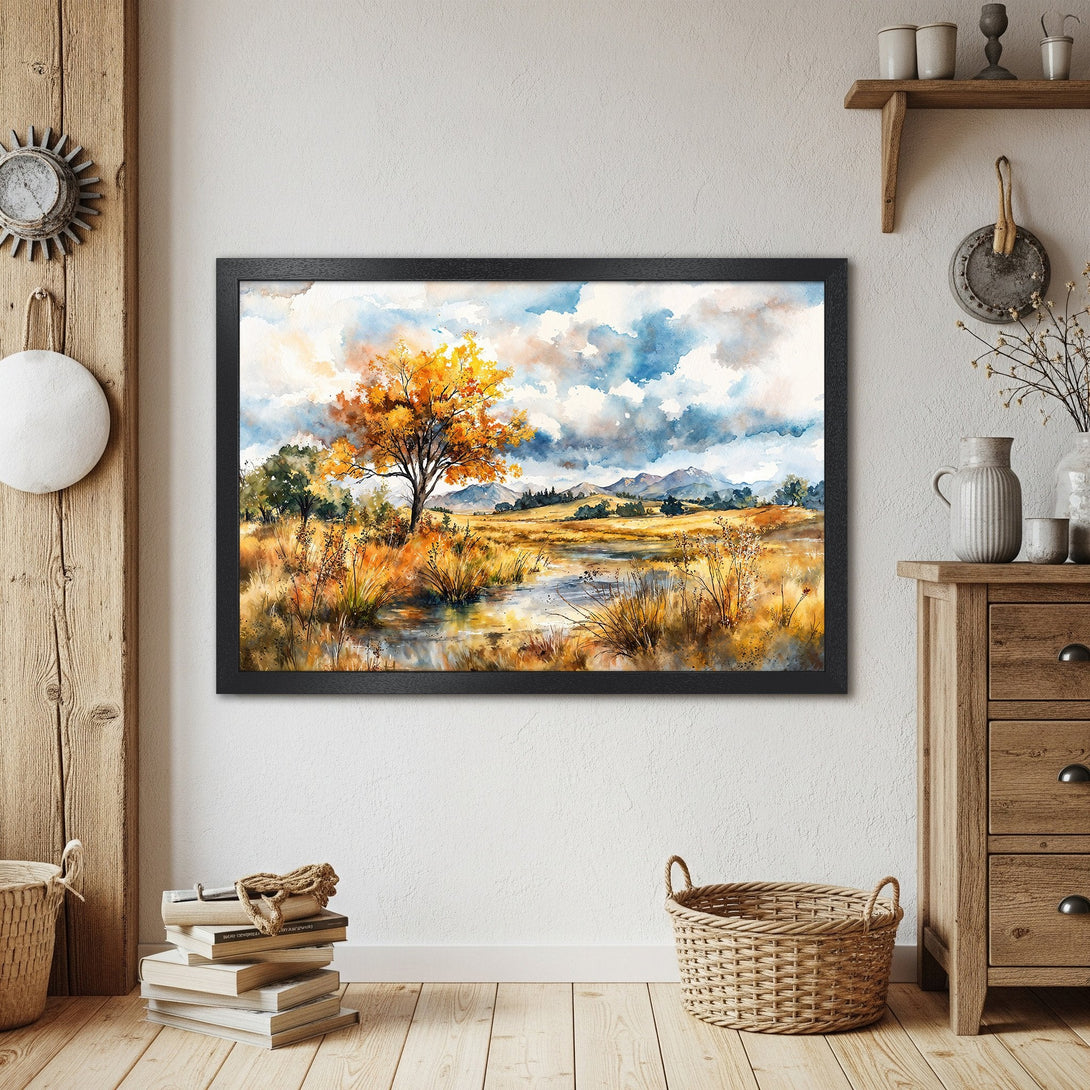 Framed Poster of a watercolor landscape with a tree in autumn colors. Warm, earthy tones with blue sky. Perfect wall art.