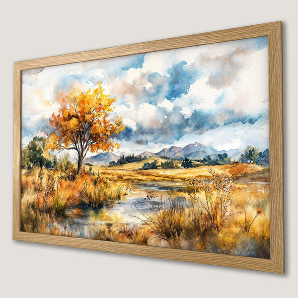 Framed Poster of a watercolor landscape with autumn trees, mountains, and a warm color palette.