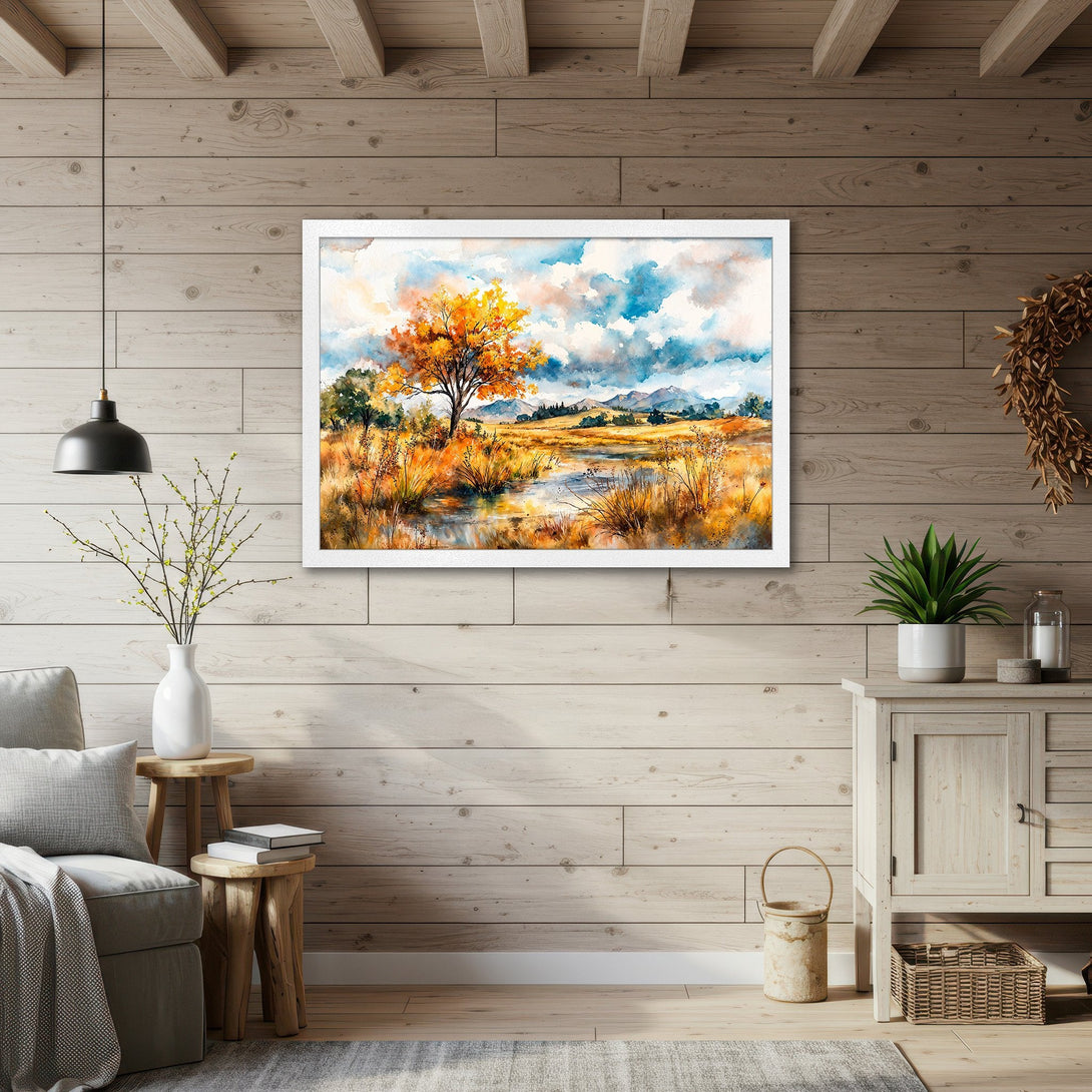 Framed Poster of a watercolor landscape with warm autumn colors. Perfect wall art for a cozy home.